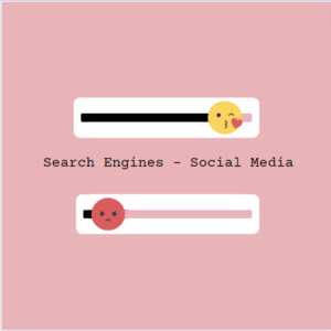 Graphic with two sliders. One showing love and other hate. Text between iz Search engines - social media