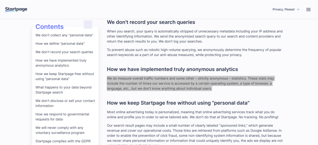 Screenshot from startpage.com search engine privacy policy with highlited part where they admit to collect some data.