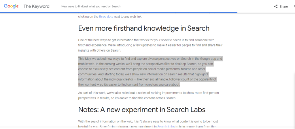 Snippet from Google blog about search updates with highlighted text about new feature. In this feature users will be able to choose to see results from social media. 