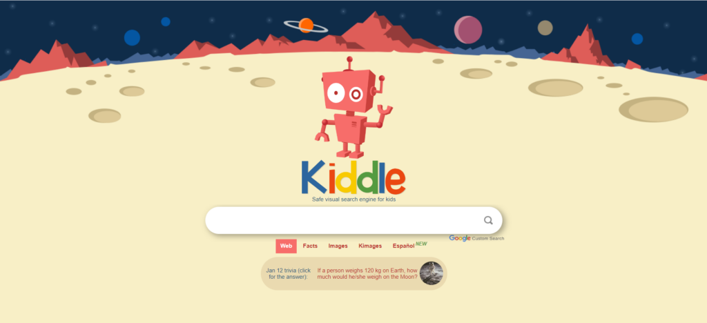 Screenshot of kiddle search engine homepage