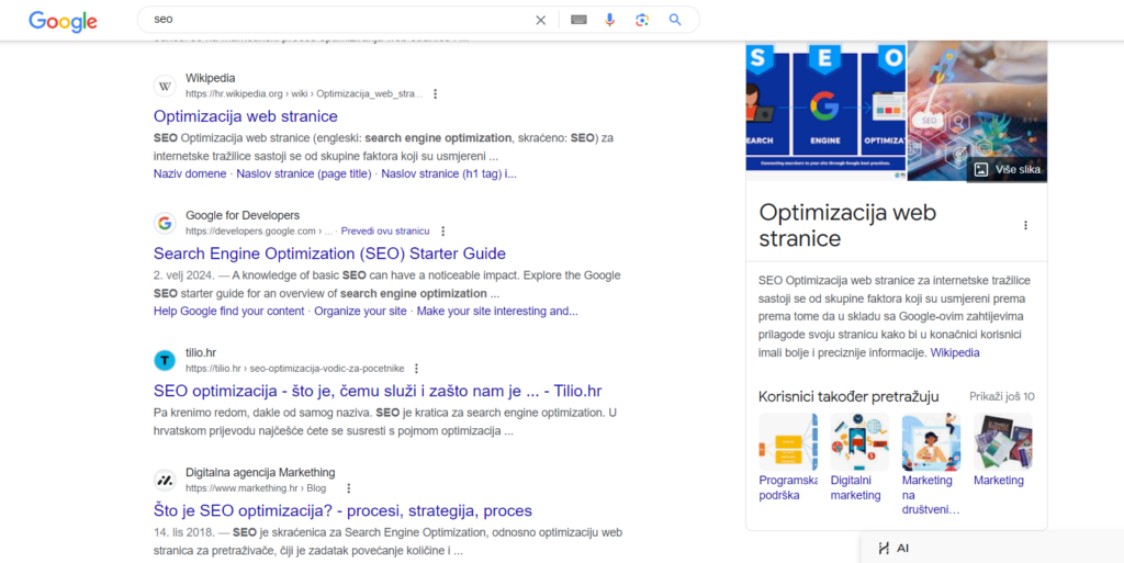 Screenshot from Google SERP showing the results for query "seo"