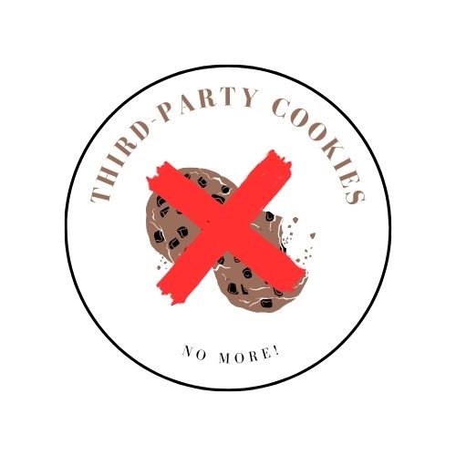 Picture of two cookies striked with red lines symbolizing Google phasing out third party cookies from Chrome. There are words "Third party cookies no more"