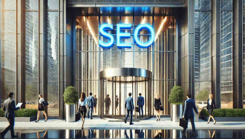 Business building with sign SEO above the door indicating that it is a headquaters of SEO agency. People are exiting and entering the building.