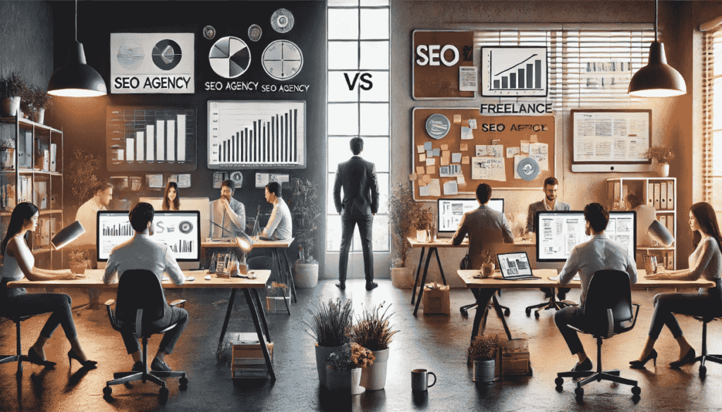 On the left side of picture is SEO agency. On the right side is SEO freelacer. Between them is a man deciding whether to hire agency or freelancer.