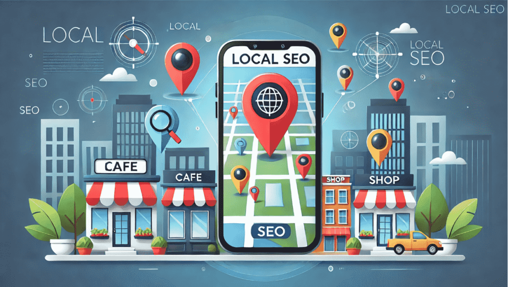 Digital illustration of local SEO, featuring a smartphone displaying a map with location pins, set against a cityscape backdrop. The scene includes small businesses like a café, shop, and office building, each highlighted with SEO-related icons such as a magnifying glass and search bar, conveying the concept of optimizing for local search results.